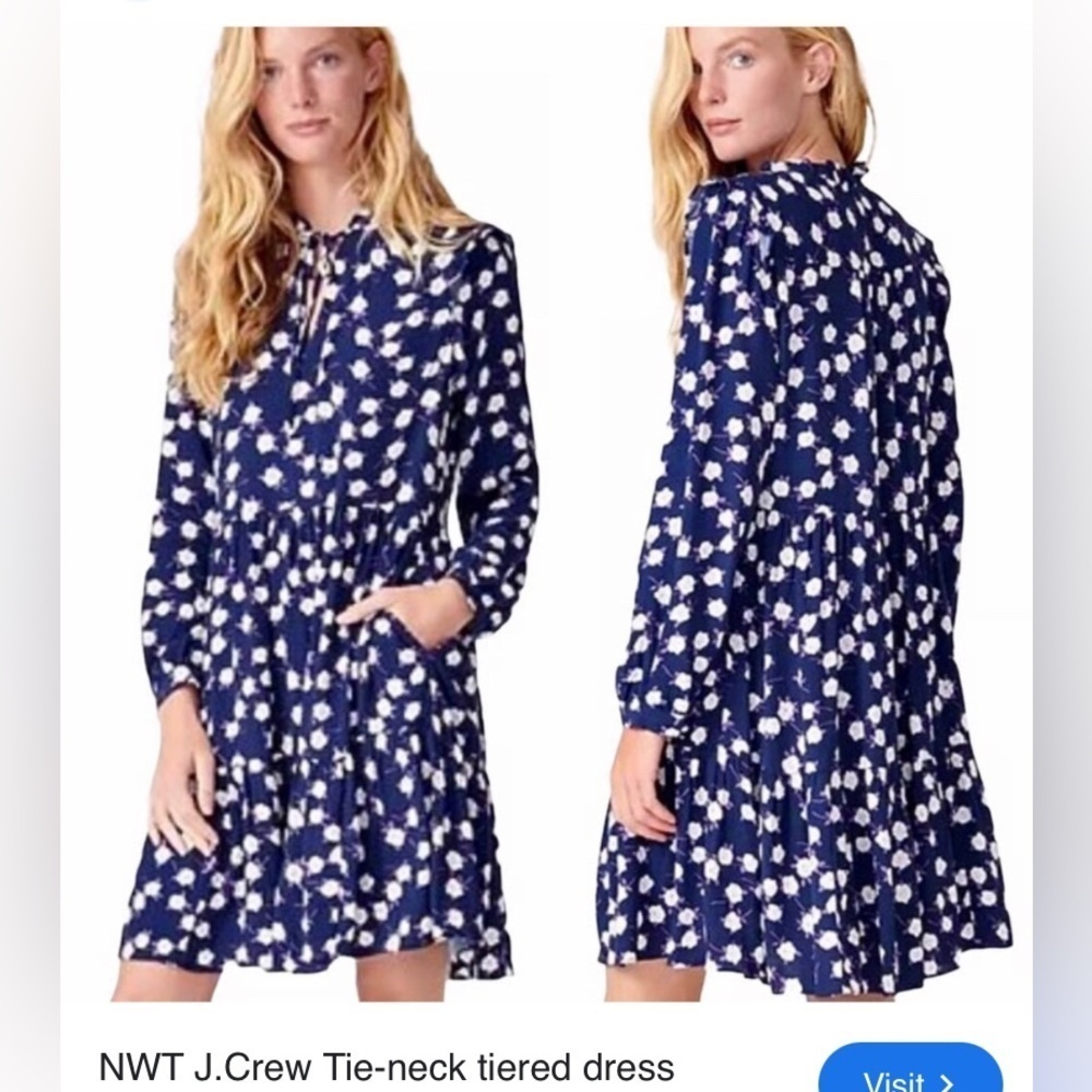 J.Crew tie neck tiered navy floral print dress size S NWT